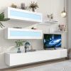 ON-TREND Wall Mount Floating TV Stand with Four Media Storage Cabinets and Two Shelves, Modern High Gloss Entertainment Center for 95+ Inch TV, 16-col